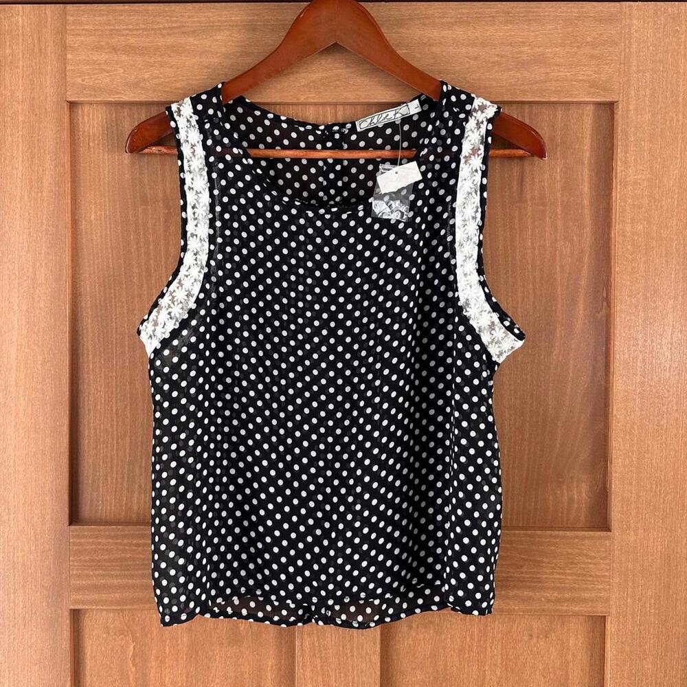 NWT Chloe K Nordstrom Black Polka Dot Embroidered Lace Tank Top Women’s Large